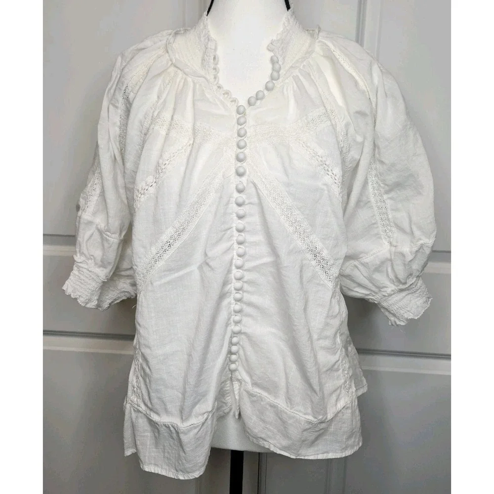 Anthropologie Puff Sleeve Victorian Top Lace Inset Size Medium White Romantic